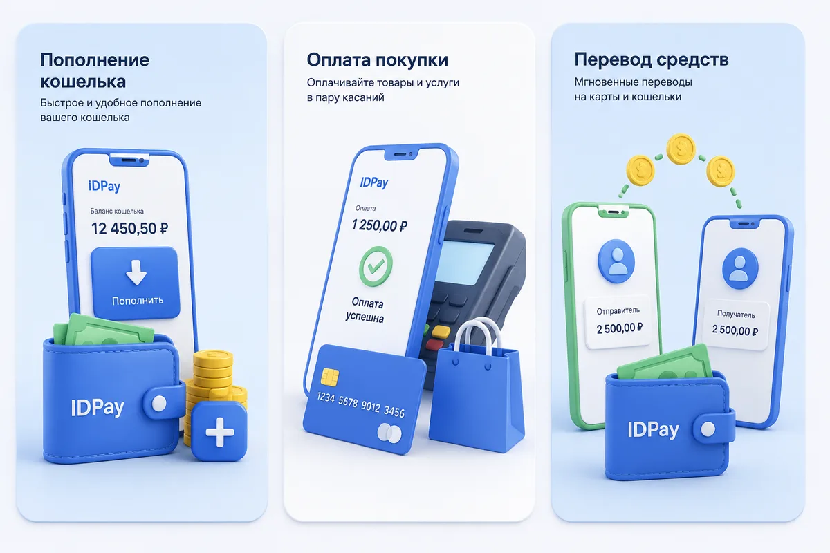 Пополнение кошелька, оплата покупок и перевод средств в idpay
